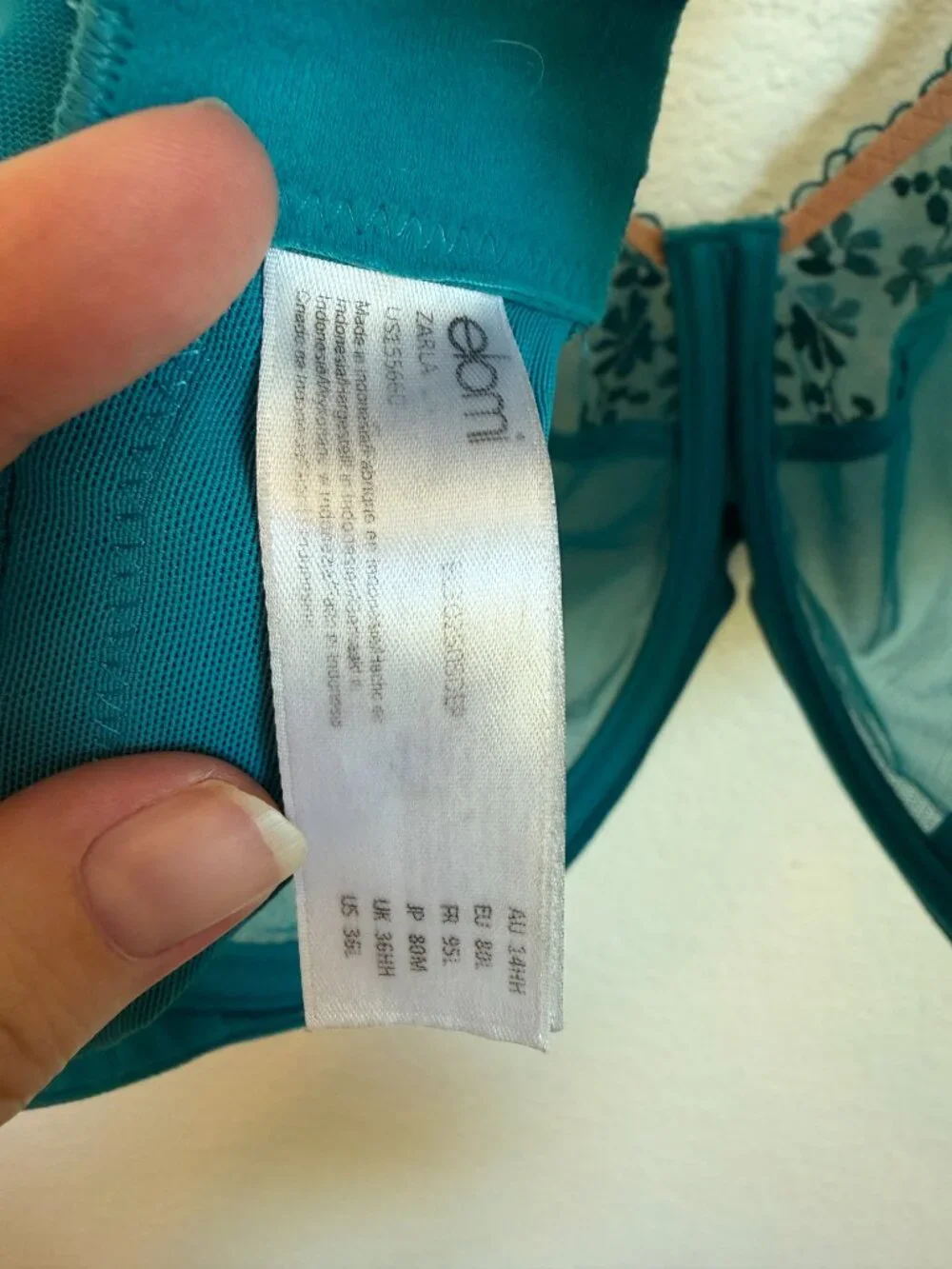 Elomi Zarla Plunge Underwire Bra Teal Embroidered Mesh 36HH